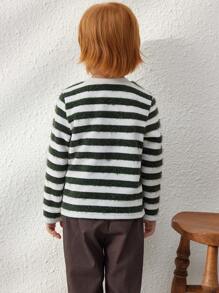 Blossori 年轻男孩优雅法式绿白条纹宽松针织圆领长袖 T 恤，秋冬 - 彩色 - 查看 2