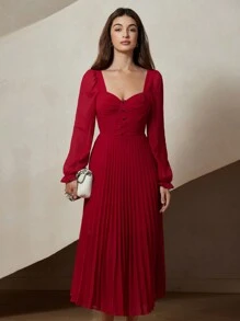 Chiquease Váy dài tay xếp ly eo kiểu Pháp, thiết kế tôn dáng, cạp cao, dự tiệc sinh nhật trang trọng - Đỏ - Xem 5