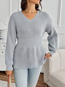 INAWLY 大码女式纯色V领落肩长袖休闲套头毛衣，适合秋冬季针织衫 - 淺灰色 - 查看 3