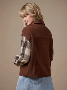 WESTFADE Western Corduroy Plaid Buffalo Check Long Sleeve Button Down Collar Shirt Jacket - Nashville Outfits - Brown - View 6