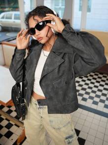 SHEIN 少女暗黑朋克摩托车休闲街头时尚酷炫 Y2K 风格 PU 夹克 - 黑色 - 查看 6