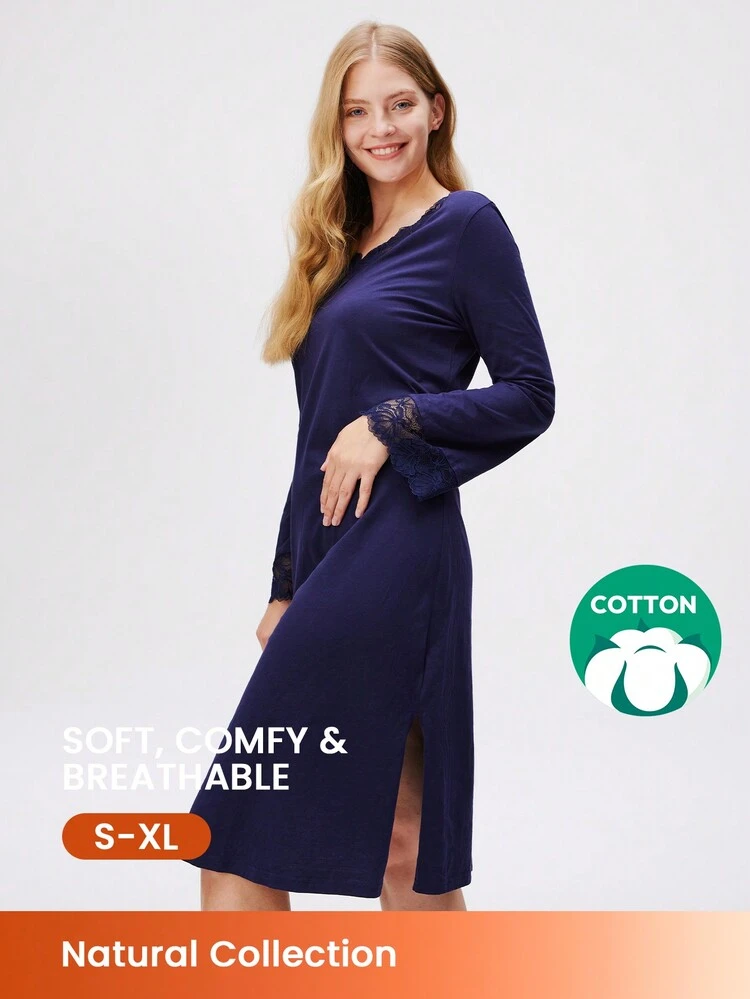 Ciemnoniebieska, miękka, 100% czystej bawełny, koszula nocna z dekoltem w serek, koronką i eleganckim wykończeniem, z długim rękawem, bielizna i piżama