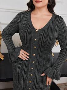 Modelyn Plus Size Elegant Striped Flared Sleeve Fishtail Sweater Dress, Autumn/Winter - Black - View 1