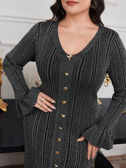 Modelyn 大码优雅条纹喇叭袖鱼尾毛衣连衣裙，秋冬