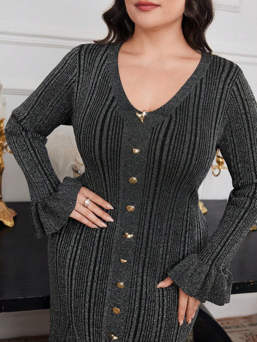 Modelyn Plus Size Elegant Striped Flared Sleeve Fishtail Sweater Dress, Autumn/Winter - Black - View 1