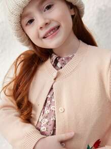 Blossori Young Girls Plant Printed Long Sleeve Single-Breasted Loose Casual Cardigan, Autumn/Winter - Pink - View 6