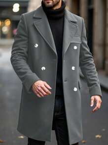 Manfinity Homme Men's Solid Color Turn-Down Collar Double-Breasted Casual Overcoat For Autumn/Winter - Grey - View 6