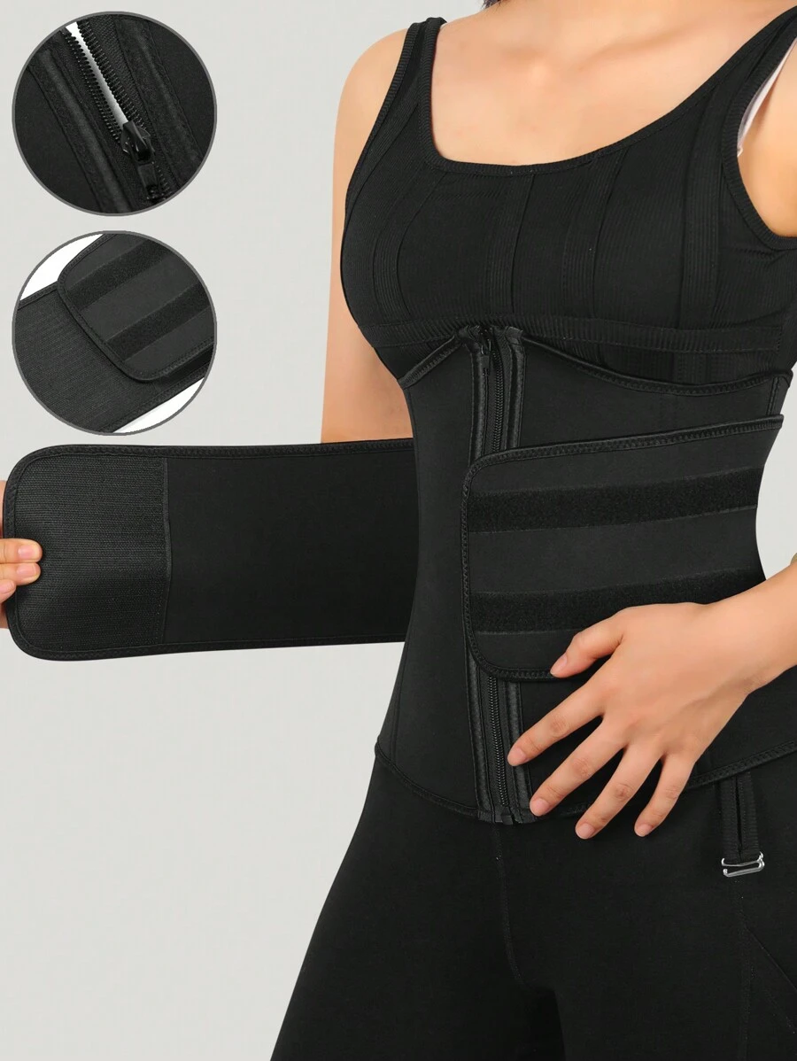 1 件女式纯色拉链双层束腰紧身胸衣腰带 - 黑色 - 查看 1