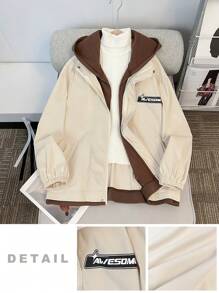SHEIN Chaqueta ligera y cómoda de estilo universitario casual para adolescentes varones, práctica y versátil, con diseño a color por bloques con estampado de letras lindo, apropiada para uso diario, escuela, salidas y deportes en otoño e invierno