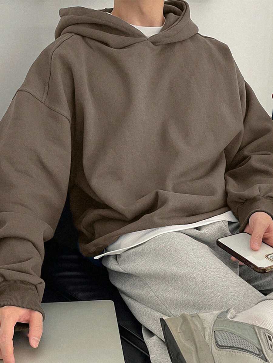 DAZY Men's Casual Dropped Shoulder Plain Hooded Sweatshirt, Autumn - Brown - View 1