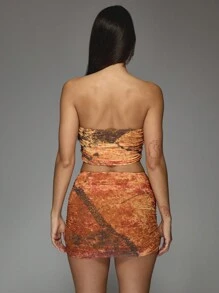 MISSGUIDED Marble Print Mesh Corset Bandeau Top And Ruched Bodycon Mini Skirt Two Piece Co Ord Set - Multicolor - View 2