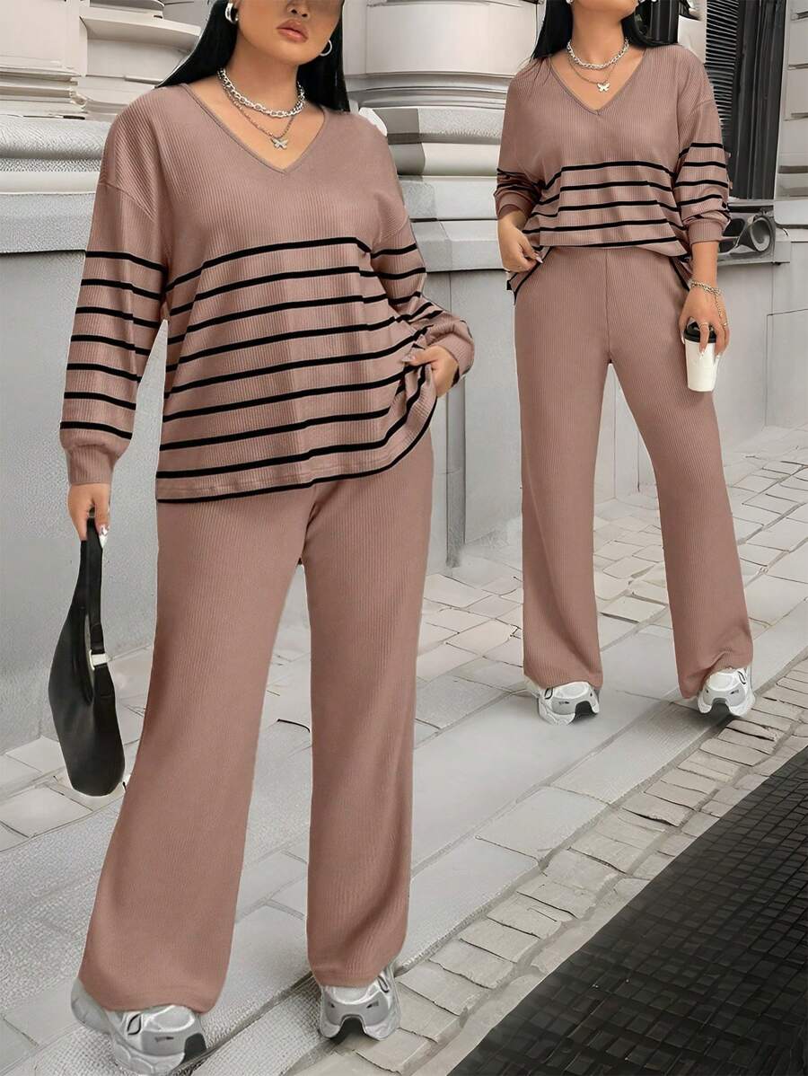 SHEIN LUNE 2pcs/Set Plus Size Women Stripe V-Neck Drop Shoulder Long Sleeve Top And Pants Casual Suit, Autumn - Khaki - View 1