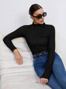 SHEIN Tall Women's Small High Collar, Wide Ribbeds And Thick Velvet Long-Sleeved T-Shirt Is Warm And Suitable For Autumn And Winter