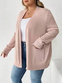 SHEIN CURVE+ Plus Solid Dual Pocket Cardigan For Spring & Autumn