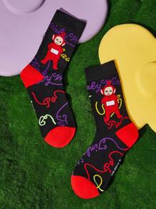 Teletubbies X SHEIN 4 Pairs Women Cartoon Character Pattern Color Block Long Socks Crew Socks,Reinforced Toe And Heel, Suitable For All Seasons, Unisex,Men,Women, Graphics Socks - Multicolor - View 7