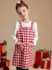 PrepCrw 年轻女孩学院风红色千鸟格编织修身前扣无袖连衣裙，秋冬/圣诞节 - 紅色 - 查看 5