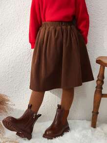 Blossori Young Girls' Elegant Dark Coffee Corduroy A-Line Elastic Waist Midi Skirt, Autumn/Winter Girls Brown Skirtbrown Skirt Kidsbrown Skirt For Kidsskirt Brownwinter Skirt - Brown - View 4