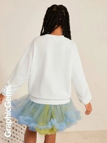 Tween Girl Slogan & Floral Print Round Neck Drop Shoulder Loose Casual Sweatshirt, Autumn/Winter