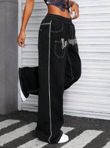 SHEIN ICON Jeans anchos de pierna ancha casuales con estampado de letras en el bolsillo, estilo Y2K streetwear para mujer