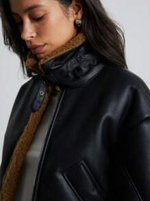 Aveloria Modichic New Autumn/Winter Women PU Leather Short Faux Shearling Thermal Lined Jacket, Women Leather Jacket Faux Leather Aviator Jacket With Borg Lining 
