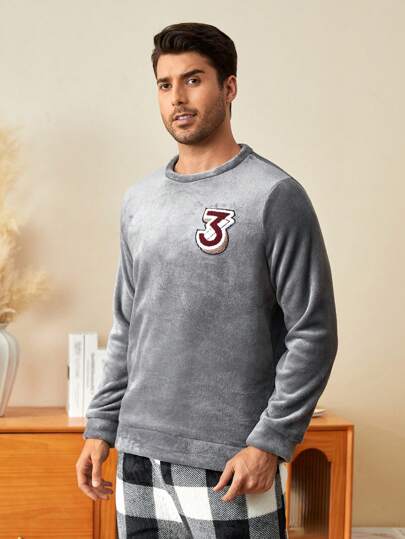Men's Round Neck Long Sleeve Numeric Print Lounge Top, Casual Wear Cozy And Elegant Details, Fall