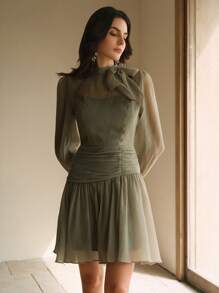 Anewsta 女士优雅法式复古宫廷风简约收腰短款连衣裙 - 橄欖綠 - 查看 7