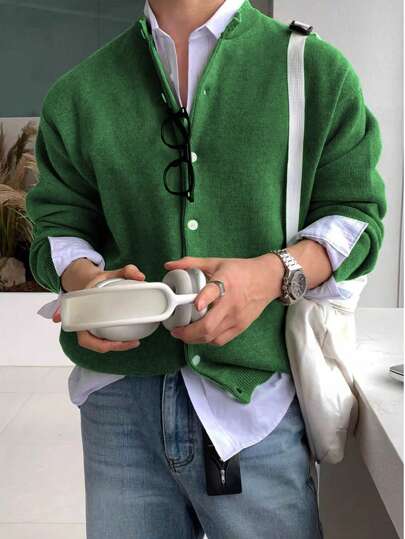 Manfinity CasualKnits Men's Solid Color Button-Front Cardigan, Autumn & Winter Back To School Plain Drop Shoulder Dark Green Chunky Casual Urban Cardigan, For Husband, Boyfriend Gifts, Long Sleeve Top