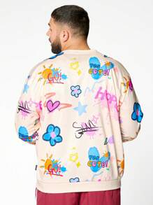 Manfinity VCAY Plus Size Men's Loose Floral And Letter Print Long Sleeve Going Out Graffiti Crew Neck Casual Sweatshirt, For Friends, Husband, Boyfriend Gifts, For Fall Winter - Apricot - View 2