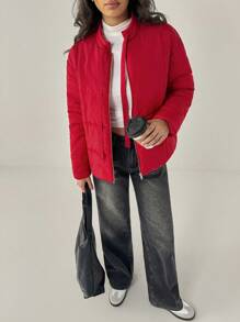Forever 21 Women's Casual Zip-Up Stand Collar Padded Coat, Warm For Autumn/Winter - Red - View 6