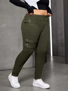 SHEIN EZwear Plus Size Women's Skinny Casual Versatile Denim Jeans With Snap Button Design - Army Green - View 3