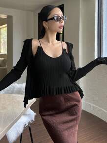 DAZY Conjunto de top de camisola de punto con volantes y cárdigan casual de otoño para mujer