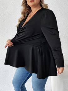 SHEIN CURVE+ Camiseta de mujer de talla grande de cuello en V elegante, de manga larga y cintura ceñida, apta para primavera, verano, otoño e invierno