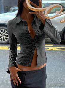 SHEIN PETITE Elegant Grey Stripe Lapel Blouse, Slim-Fit, Casual American Style Women Shirt Fall Cloth For Women - Dark Grey - View 1