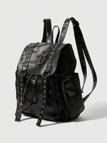 ROMWE Goth Fashionable Rivet Punk Style PU Leather Backpack - Black - View 1