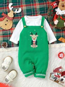 Ropa de Navidad linda para bebé niño: Peto con suéter, Peto con jacquard de reno adorable y elegante, Atuendo para uso diario y festivo - Verde - Ver 3