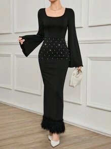 Modelyn Women's Extra Long Flare Sleeve Tassel Bead Detail Spring Autumn Dress Maxi Women Outfit Long Evening Dresses