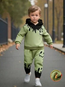 SHEIN Young Boy Cartoon Smiling Face Print Long Sleeve Thermal Lined Hoodie And Sweatpants Casual Set, Suitable For Various Seasons And Indoor/Outdoor Occasions