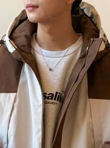 Manfinity Hypemode Men's Casual Two-Tone Zipper Front Drawstring Hooded Padded Coat, Winter Going Out Khaki Color Block Coat, For Friends, Husband, Boyfriend Gifts