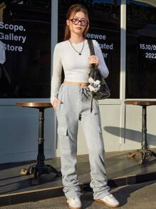 SHEIN Explorewe Teen Girl Street Fashion Pleated Drawstring Design Thick & Warm Long Jogger Baggy Sweatpants, Autumn/Winter