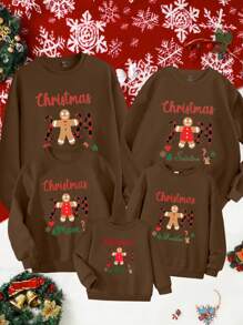 Christmas Family Matching Outfits, Young Boys Thermal Lined Round Neck Sweatshirt, Christmas Themed Graphic Prints Include Santa, Christmas Tree, Snowflake, Candy Cane, Star, Bell, Casual Warm - Brown - View 1
