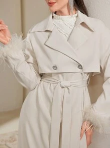 Modelyn 秋冬女士优雅通勤纯色双排扣风衣 - 杏色 - 查看 7