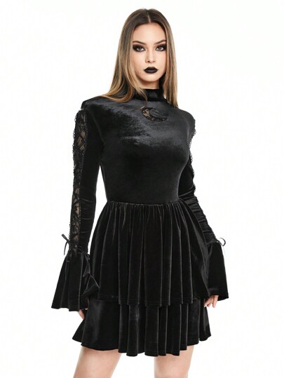 Goth Vestido ajustado para mujer con dobladillo de sirena, contraste de encaje y terciopelo en estilo gótico