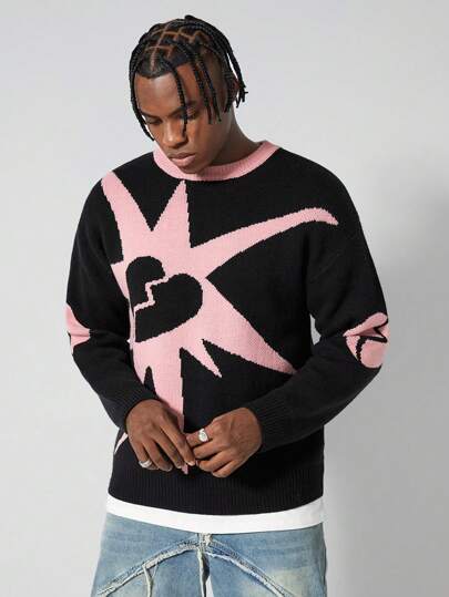 Street Life Suéter casual de cuello redondo de manga larga con estampado de corazón en tejido jacquard para hombre