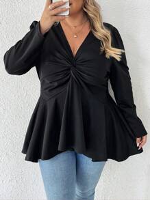 SHEIN CURVE+ Camiseta de mujer de talla grande de cuello en V elegante, de manga larga y cintura ceñida, apta para primavera, verano, otoño e invierno
