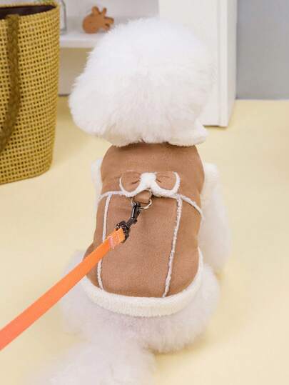 PETSIN 米色羊羔绒衬里保暖宠物外套，配有防风牵引绳附件，适合秋冬季