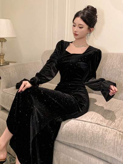 DAZY 亮片拼接长袖女式中长连衣裙，新年除夕舞会礼服，优雅，秋季服装奢华