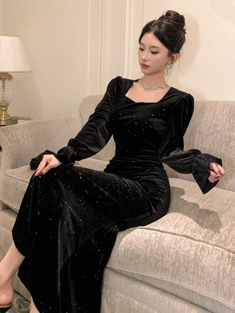Sequin Patchwork Long Sleeve Women's Midi Dress ,New Year Eve Prom Dress Elegant,Fall Clothes Luxury Sparkly Dress