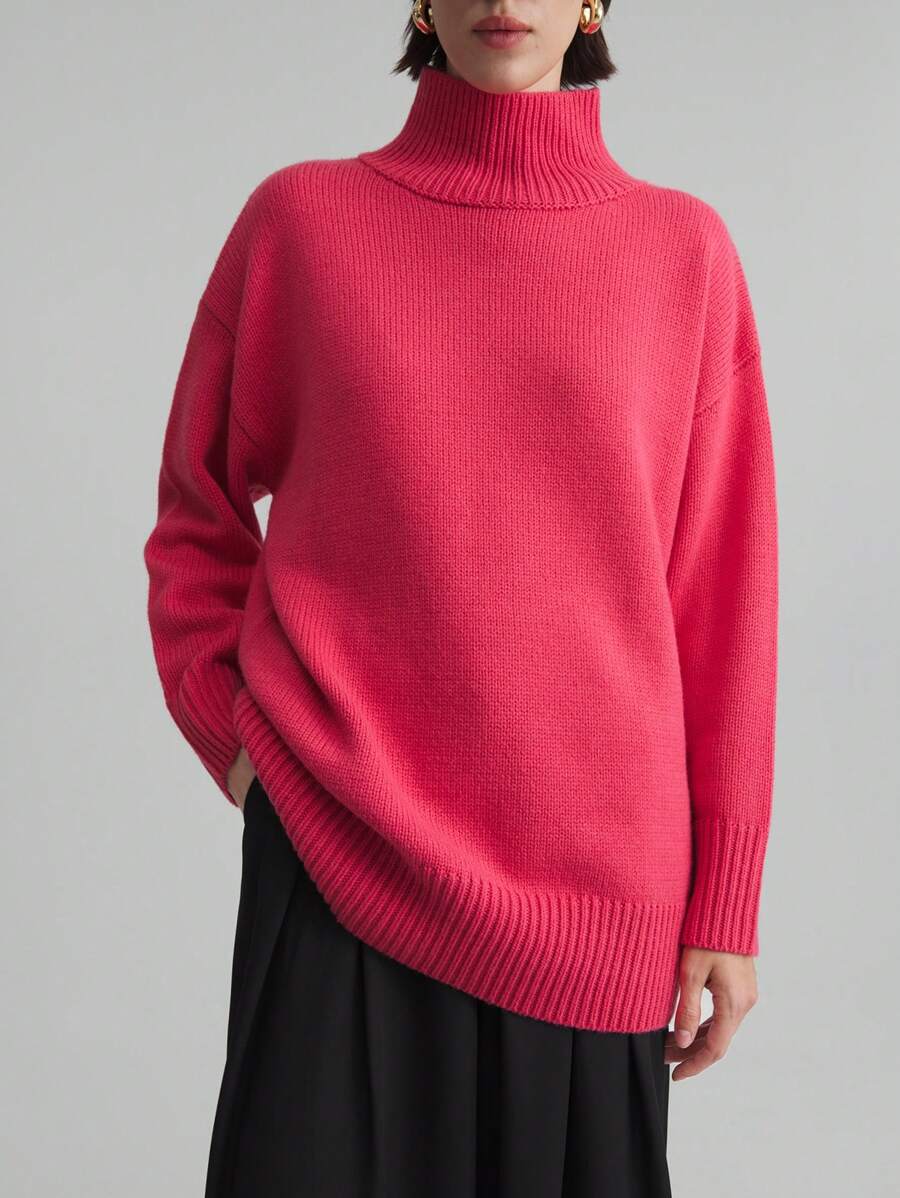 Ontre Áo len dệt kim đơn giản thanh lịch cổ hoa hồng đỏ, năm mới và, áo len chui đầu dài tay cổ lọ cho nữ, quần áo thu đông tối giản màu hồng - Hồng - Xem 1