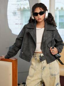 SHEIN 少女暗黑朋克摩托车休闲街头时尚酷炫 Y2K 风格 PU 夹克 - 黑色 - 查看 2