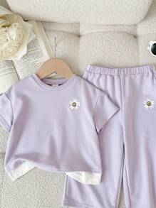 SHEIN Baby Girl Floral Print 2 In 1 Short Sleeve T-Shirt And Elastic Waist Pants Set, Spring/Summer - Purple - View 4